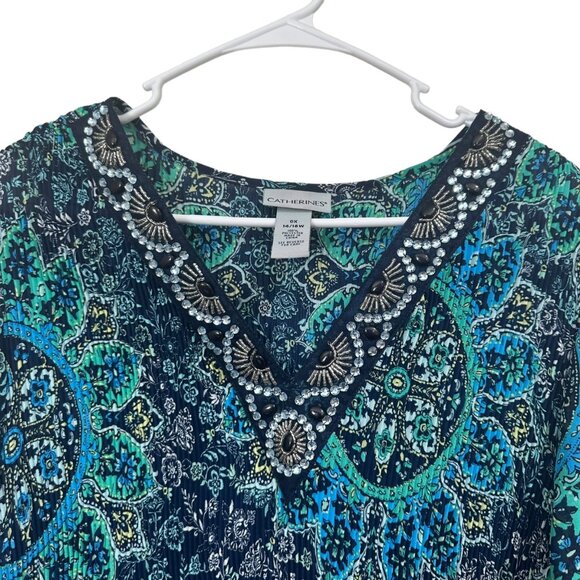 CATHERINES Women SZ 0X(14/16W) Accordion Pleat Tunic Top Bell Sleeve Embellished - Picture 10 of 12
